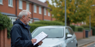 Homme d'âge moyen tenant documents d'assurance voiture devant une voiture