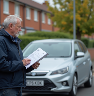 Homme d'âge moyen tenant documents d'assurance voiture devant une voiture