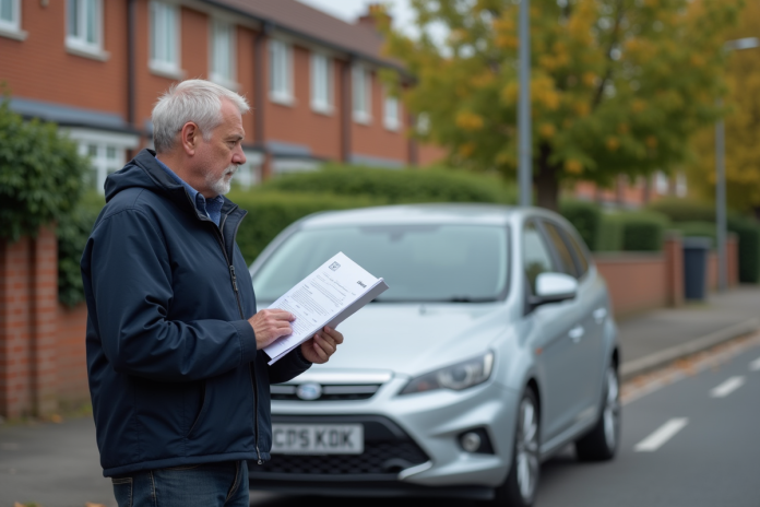 Homme d'âge moyen tenant documents d'assurance voiture devant une voiture