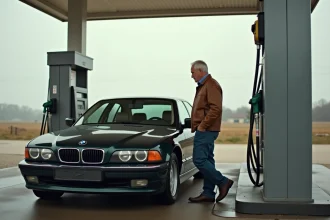 Homme vérifiant le carburant d'une BMW 90s à la station