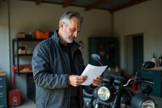 Homme tenant une carte grise de moto dans un garage, vérifiant les informations du contrôle technique deux-roues