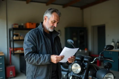 Homme tenant une carte grise de moto dans un garage, vérifiant les informations du contrôle technique deux-roues