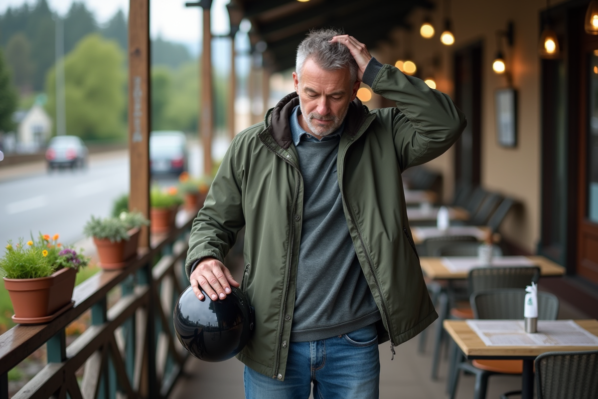 Homme en casual après casque au café en extérieur