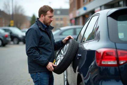 Homme vérifiant la taille d'un pneu avec un mètre dans un parking