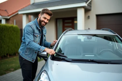 Homme en denim installe des wipiers sur sa voiture moderne