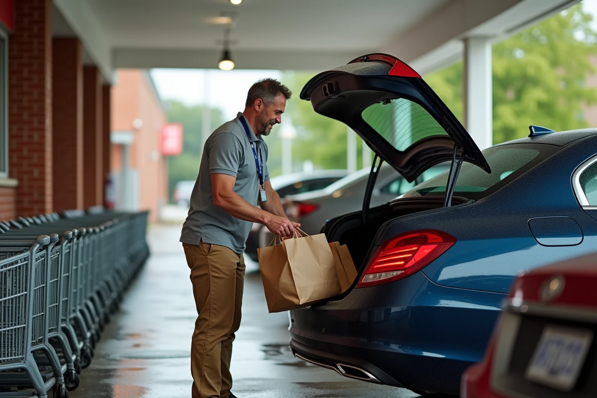 Homme chargé des courses dans la voiture au drive