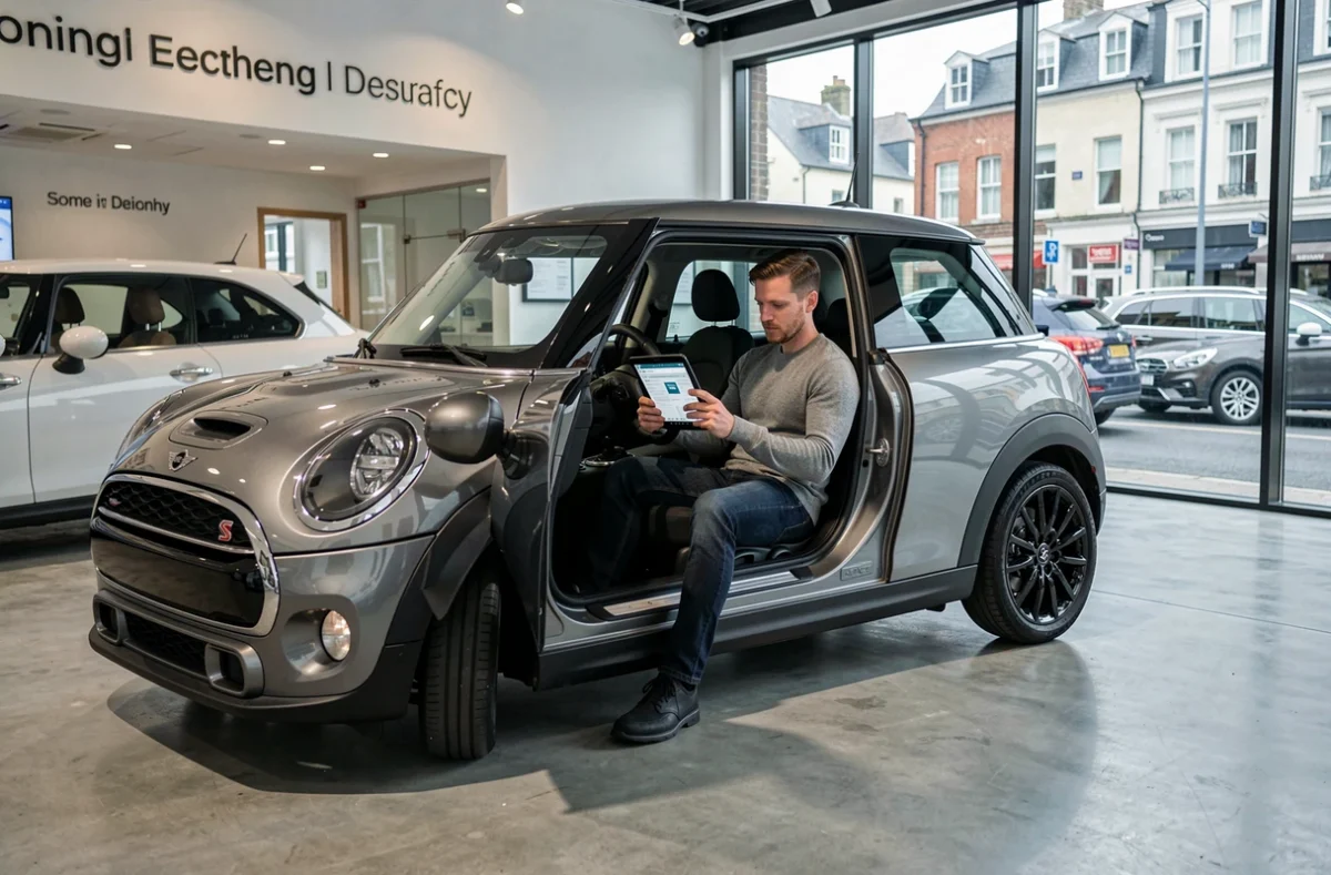 Homme comparant les offres en ligne pour une MINI Cooper diesel neuve dans un showroom moderne