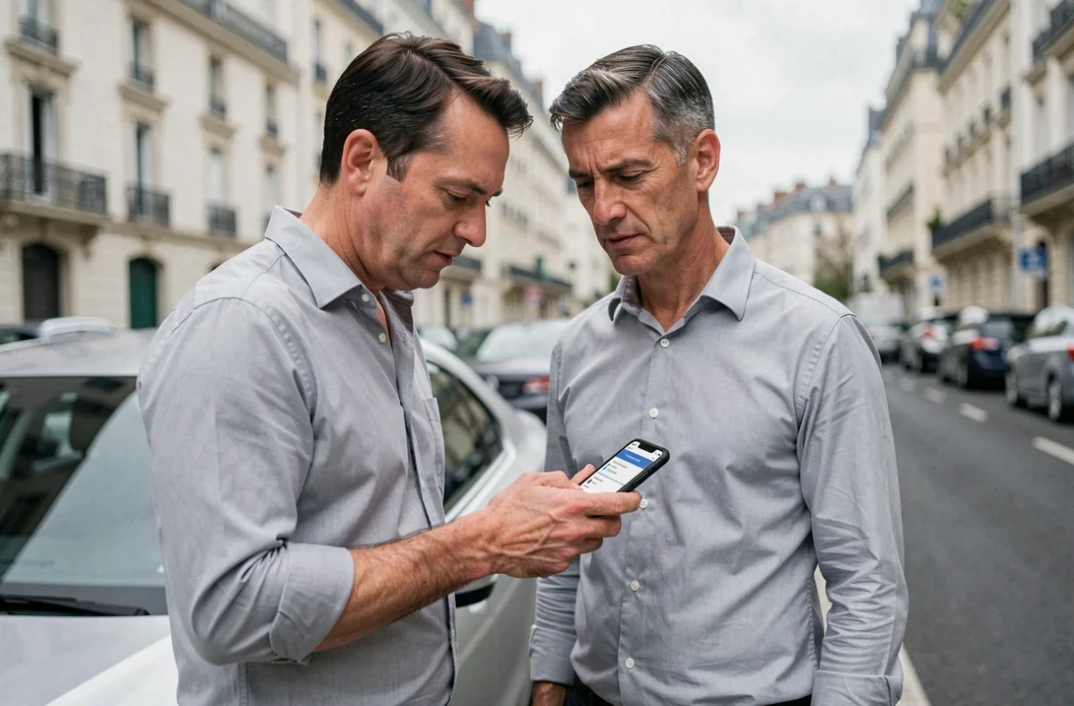 Homme consultant son smartphone pour comparer les prix d'assurance auto en ville