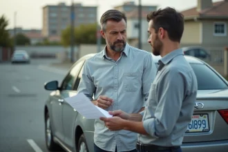 Homme tenant des documents d'immatriculation devant sa voiture avec une plaque d'immatriculation visible