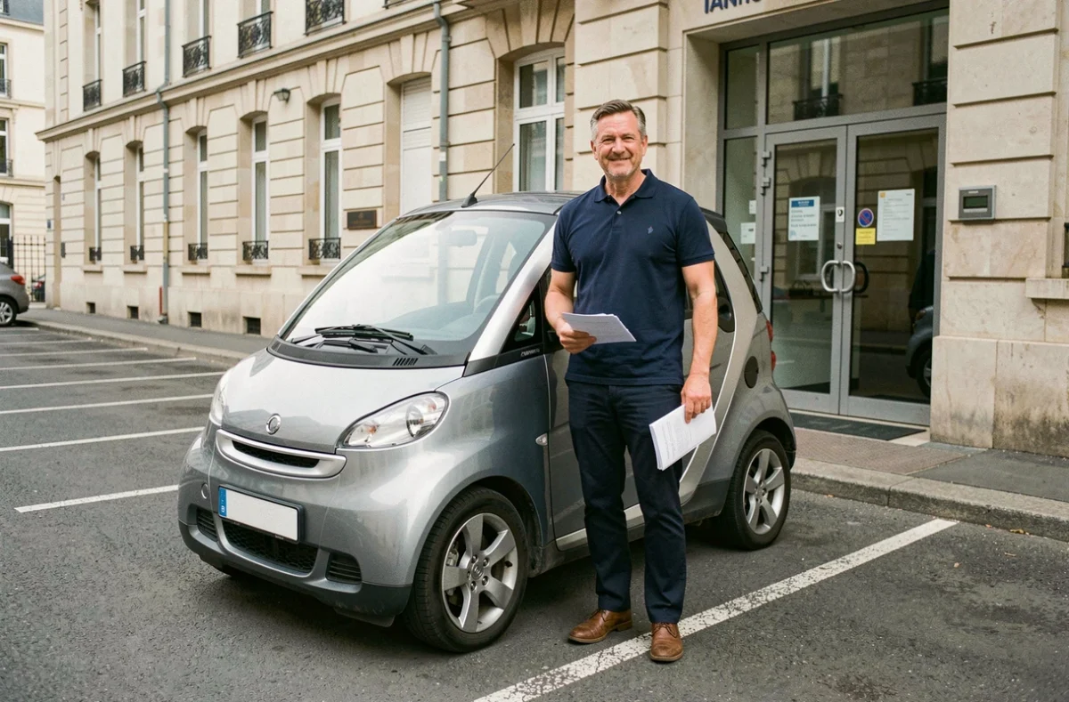Homme tenant des documents administratifs à côté d'une voiture sans permis devant une préfecture