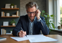 Carte grise : refaire hors délai, procédure et astuces à connaître ! Homme en veste bleue remplit des papiers de voiture dans un bureau