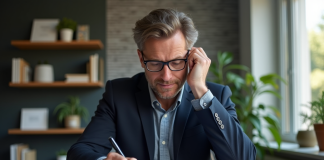Homme en veste bleue remplit des papiers de voiture dans un bureau