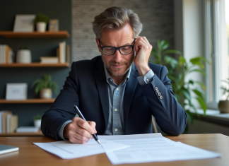 Homme en veste bleue remplit des papiers de voiture dans un bureau