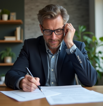Carte grise : refaire hors délai, procédure et astuces à connaître ! Homme en veste bleue remplit des papiers de voiture dans un bureau