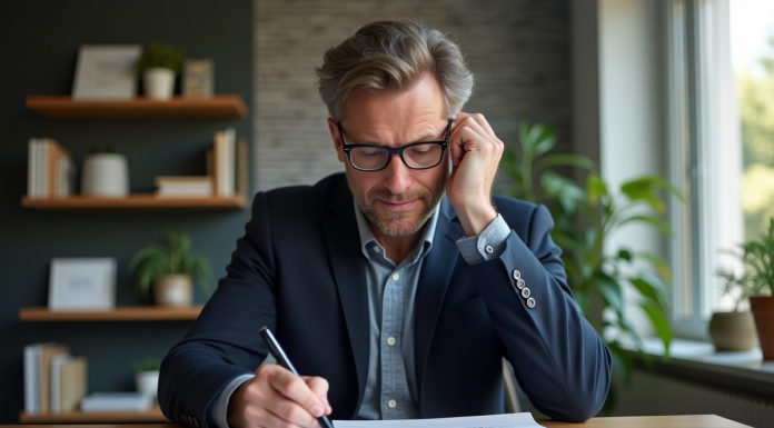 Homme en veste bleue remplit des papiers de voiture dans un bureau