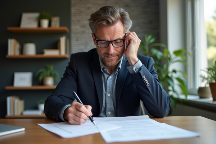 homme-dossier-immatriculation Homme en veste bleue remplit des papiers de voiture dans un bureau