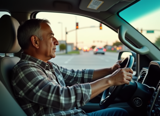 Durée idéale avant de griller un feu rouge au Texas : conseils et astuces Homme hispanique au volant d'une camionnette au feu rouge