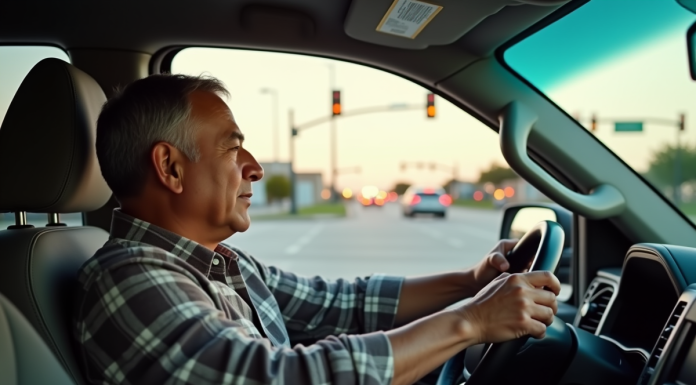 Durée idéale avant de griller un feu rouge au Texas : conseils et astuces Homme hispanique au volant d'une camionnette au feu rouge
