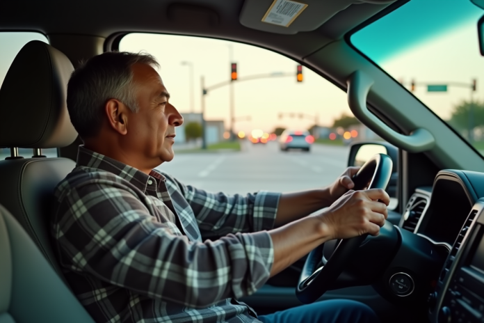 homme-hispanique-voiture-texas Homme hispanique au volant d'une camionnette au feu rouge