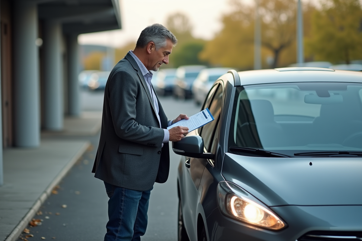 Homme inspectant une voiture de location dans un parking extérieur