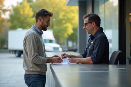 Homme en jeans remettant ses papiers à un agent de location