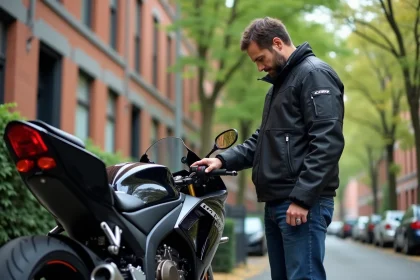 Homme inspectant une moto Honda CBR 1000 F en ville