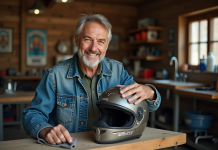 Durée de vie des casques Harley Davidson : infos et conseils d’entretien Homme nettoie un casque de moto usé dans un garage