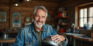 Durée de vie des casques Harley Davidson : infos et conseils d’entretien Homme nettoie un casque de moto usé dans un garage