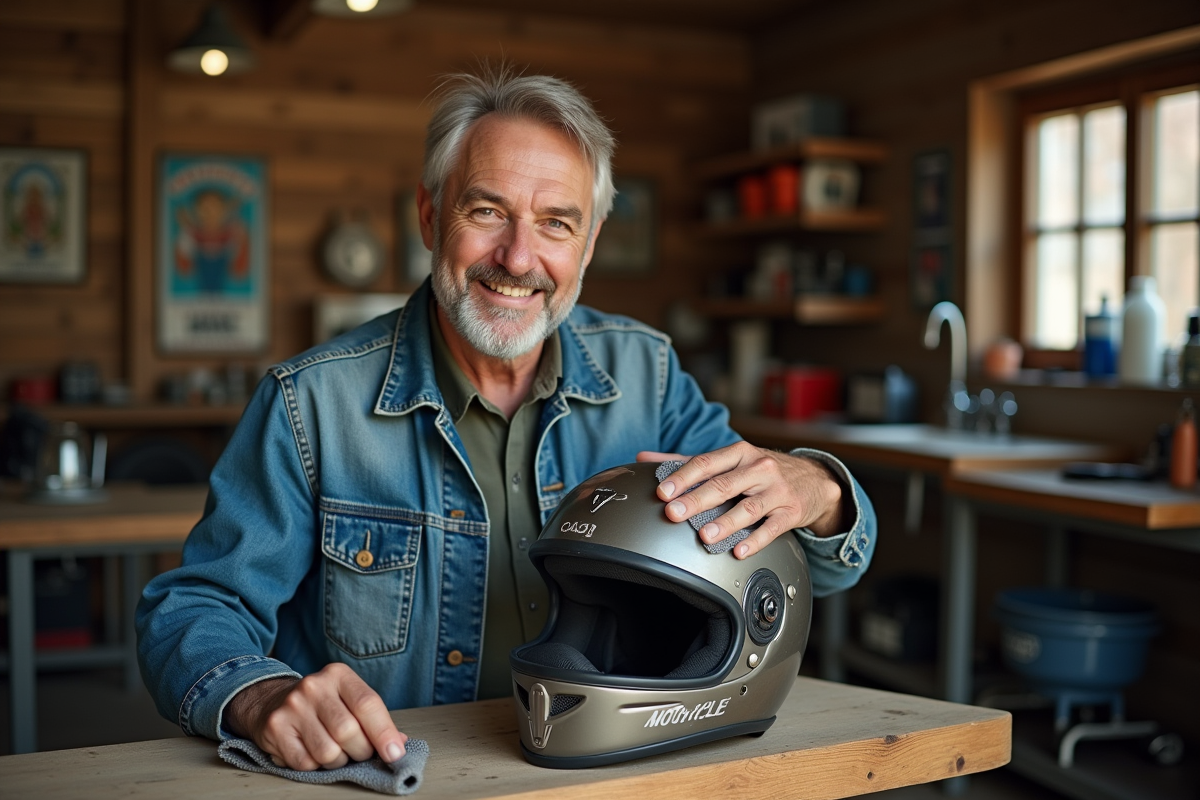 Homme nettoie un casque de moto usé dans un garage