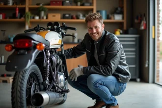 Homme polissant une Yamaha 125 TZR dans un garage