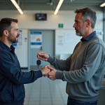 Homme remettant les clés à un mécanicien dans un centre auto