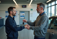 Contrôle technique : timing idéal pour le réaliser en France Homme remettant les clés à un mécanicien dans un centre auto