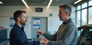 Contrôle technique : timing idéal pour le réaliser en France Homme remettant les clés à un mécanicien dans un centre auto