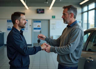 Contrôle technique : timing idéal pour le réaliser en France Homme remettant les clés à un mécanicien dans un centre auto
