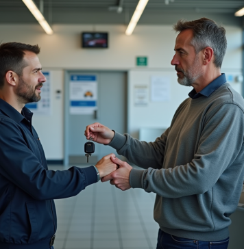 Contrôle technique : timing idéal pour le réaliser en France Homme remettant les clés à un mécanicien dans un centre auto