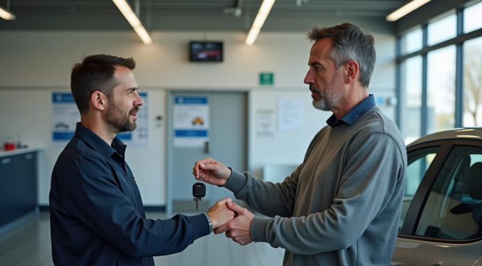Homme remettant les clés à un mécanicien dans un centre auto