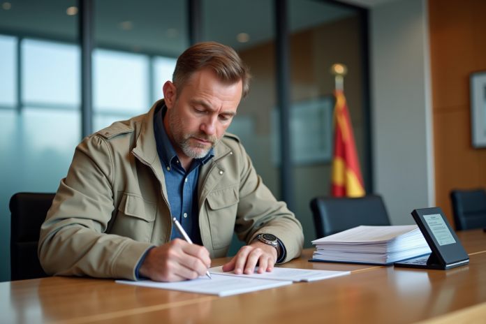 homme-remplissant-papiers-immatriculation Homme remplissant papiers d'immatriculation dans un bureau en Andorre