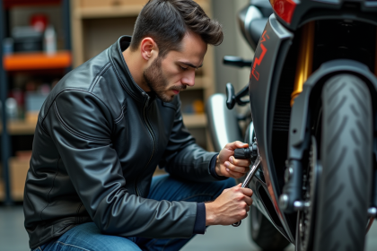 Homme en réparation de moto dans un garage organisé