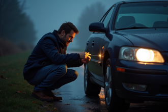 Homme ajuste le phare de sa voiture la nuit en campagne