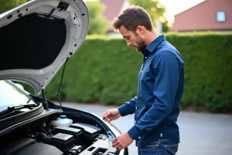 Homme examinant le moteur d'une Renault Mégane 3 en extérieur