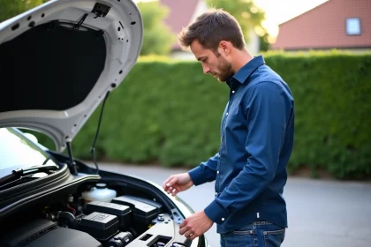Homme examinant le moteur d'une Renault Mégane 3 en extérieur