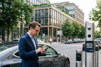 Homme en costume bleu tapant sur son smartphone à côté d'une voiture électrique