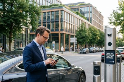 Homme en costume bleu tapant sur son smartphone à côté d'une voiture électrique
