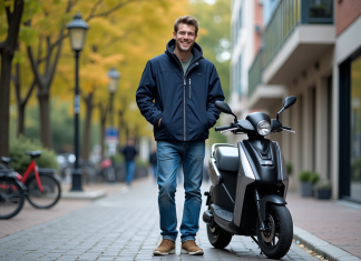 Homme souriant à côté d'un quadricycle moderne en ville
