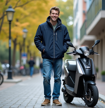 Homme souriant à côté d'un quadricycle moderne en ville