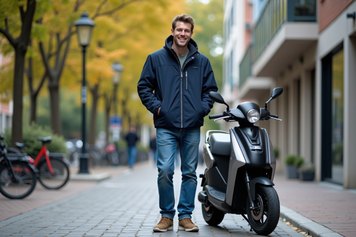 Homme souriant à côté d'un quadricycle moderne en ville
