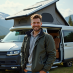 Citroën Campster : un toit levable pour plus de liberté Homme souriant près d'un van aménagé au bord du lac