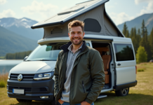Citroën Campster : un toit levable pour plus de liberté Homme souriant près d'un van aménagé au bord du lac