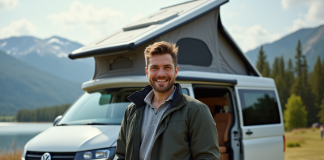 Citroën Campster : un toit levable pour plus de liberté Homme souriant près d'un van aménagé au bord du lac