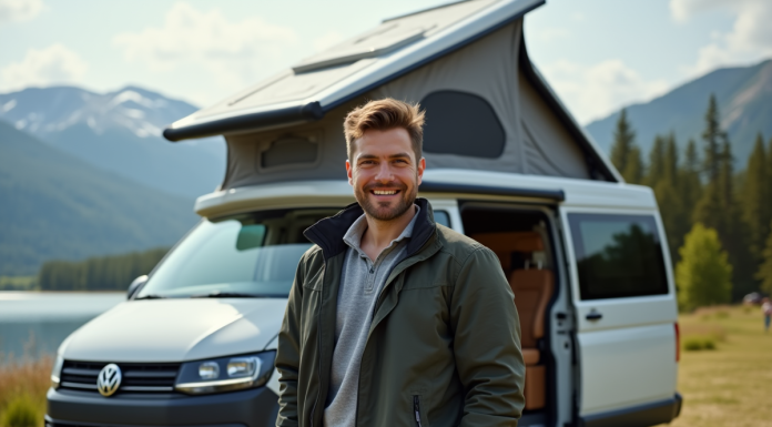 Citroën Campster : un toit levable pour plus de liberté Homme souriant près d'un van aménagé au bord du lac